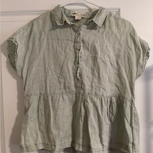 Cynthia Rowley Shirt Sz M Dusk Blue Linen Short Sleeve Babydoll Peplum Top